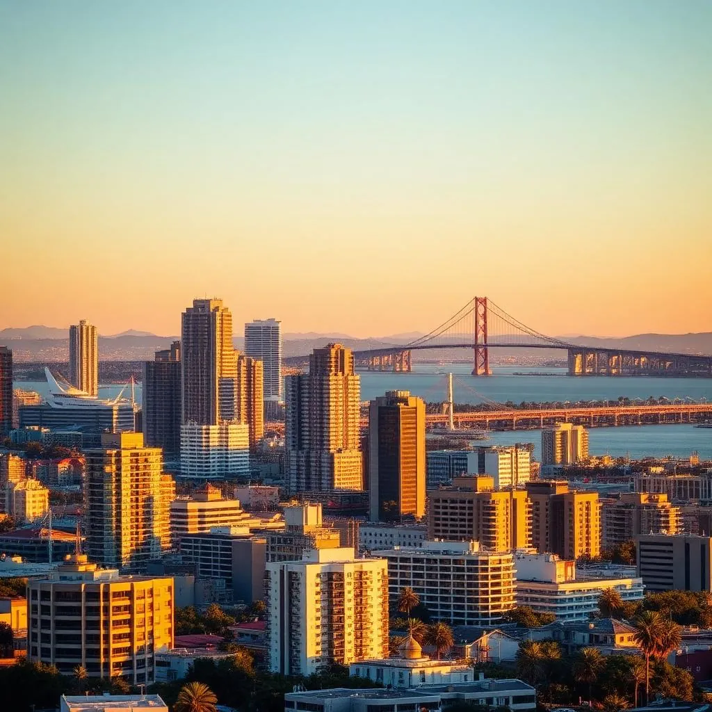 San Diego skyline at golden hour with downtown buildings and Coronado Bridge